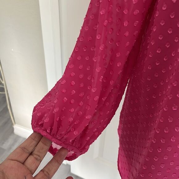 2/20. 
IMNYC Isaac Mizrahi Pink Lined with Sheer Pink Swiss Polka Blouse - Picture 3 of 10